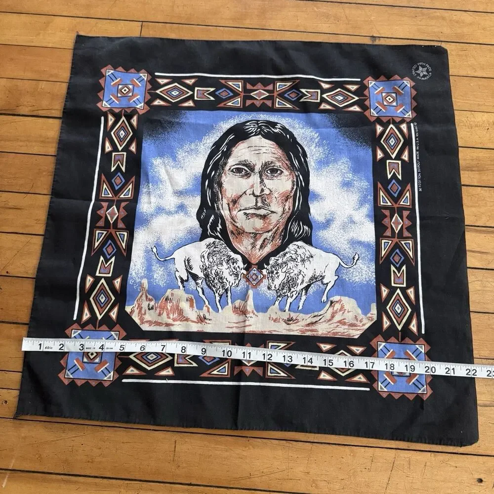 Vintage Bandana Native American Ram Southwestern  Aztec Tribal 80s USA Black Vtg